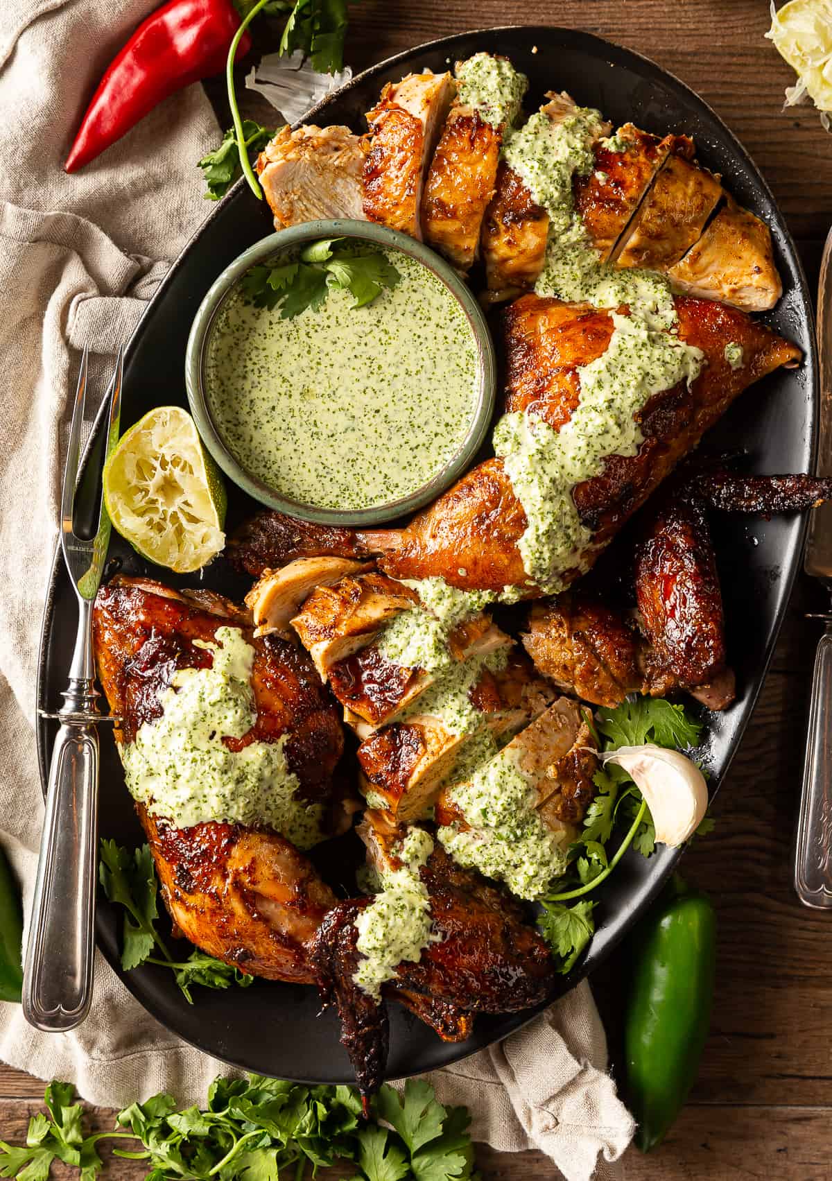 Peruvian-inspired Grilled Chicken Skewers with Avocado Aji Verde Sauce